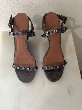 Tory Burch Brown Jeweled Ankle-Strap Heels